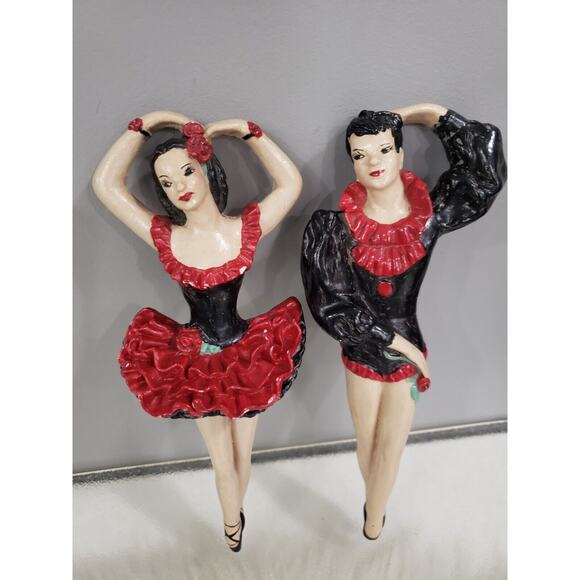 Set of 2 Vintage Hand Painted Chalkware Ballet‎ Dancers Wall Plaques Salsa MCM - Picture 1 of 9